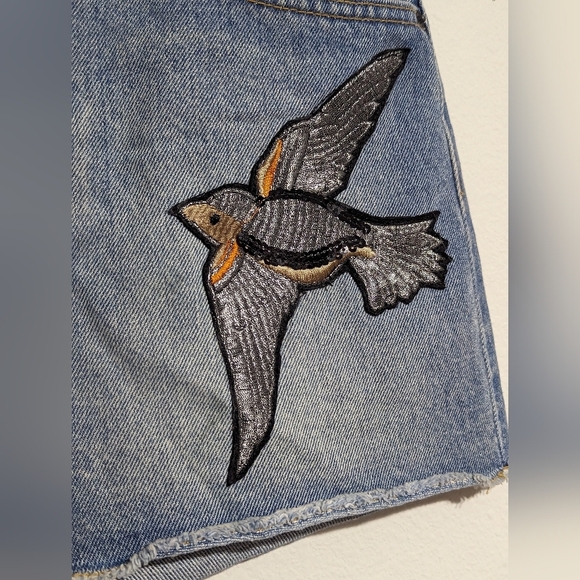 CARMAR Denim Mini skirt W/ Embroidery Bird Detail - Picture 4 of 6